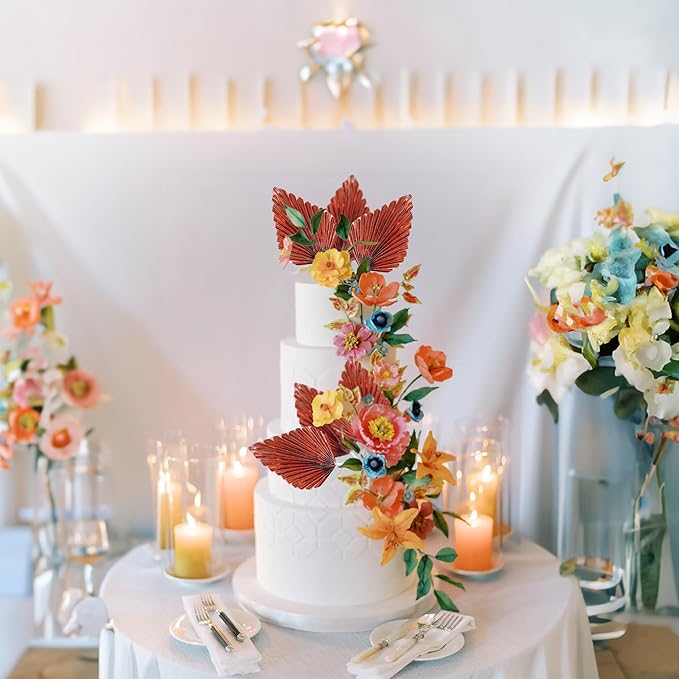 Gyufise 6Pcs Paper Palm Fan Cake Toppers Palm Spear Leaves Fan Cupcake Toppers Cake Insert Decorations Craft DIY Cake Bakeware Decoration for Birthday Wedding Party Supplies Light Rose Gold