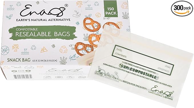 100% Compostable Food Storage Bags [Snack 300 Pack] Eco-Friendly Freezer Bags, Resealable Bags, Heavy-Duty, Reusable, Off-White by Earth's Natural Alternative