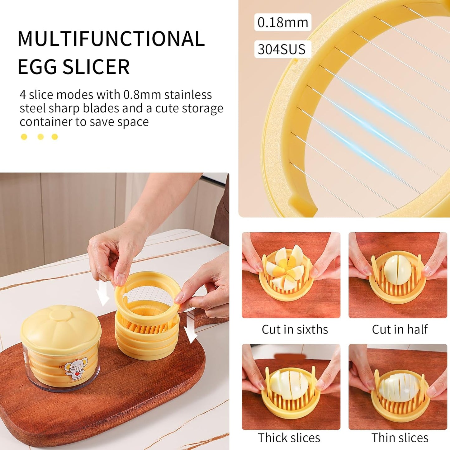 Egg Slicer, 4-in-1 Stainless Steel Wire Egg Cutter, Strawberry Slicer with Cute Container, Multi-Function Dicer and Chopper Tool for Hard Boiled Eggs, Mushrooms, Kiwis, Bananas, Tomato & Soft Fruits
