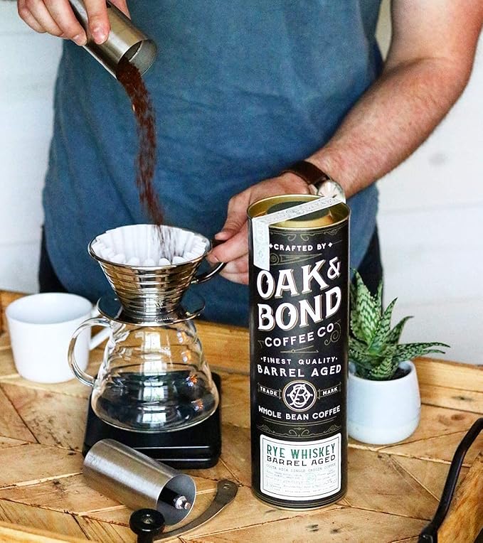 Rye Whiskey Barrel Aged Coffee, Costa Rica Single Origin Small Family Farm Whole Coffee Bean, Medium Roast w/Flavor Notes of Cocoa, Almond, Sweet Rye, Green Apple by Oak & Bond Coffee Co. – 10oz.