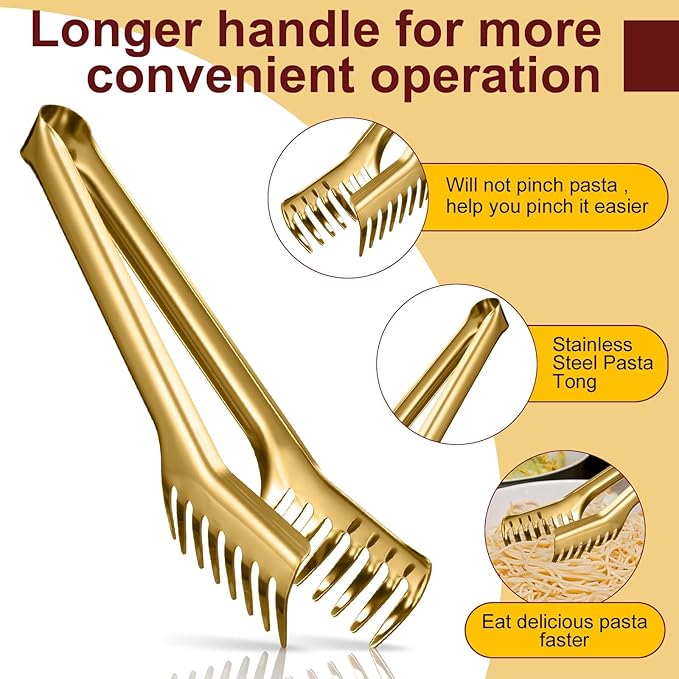 Patelai 2 Pcs Stainless Steel Pasta Spoon with Teeth Large Spaghetti Utensil, 9.4'' Tong and 13.6'' Pasta Fork with Vacuum Handle, Comfortable Grip Design Spoons for Kitchen