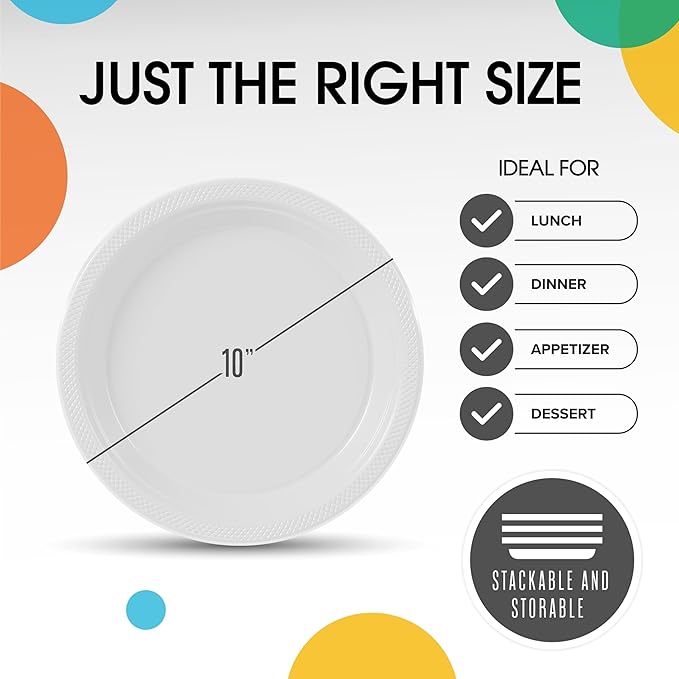 Exquisite Party Solids White Plastic Plates For Party 10" White Disposable Plates Heavy Duty Supplies 100 Pcs Plastic Dinnerware Sets Heavy Duty 350 GSM Disposable Dinnerware Set