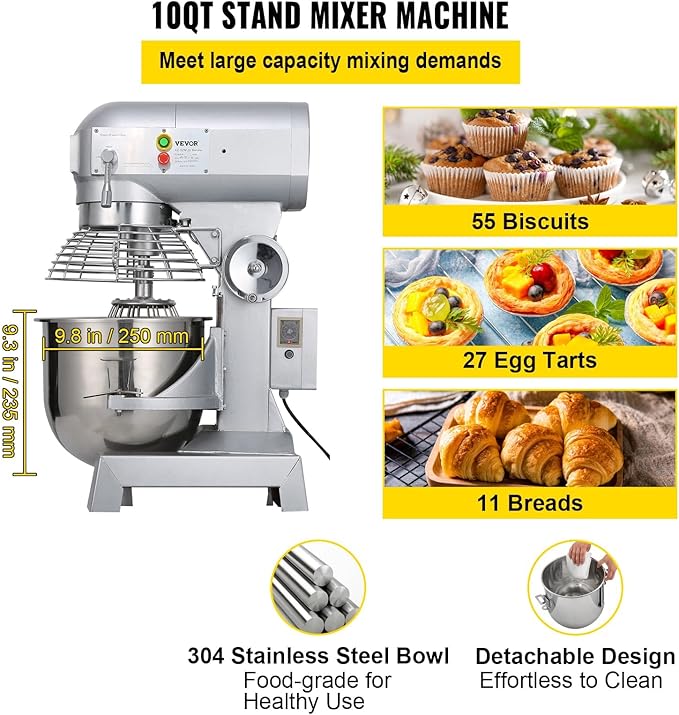 Happybuy 10Qt Commercial Food Mixer with Timing Function， Commercial Mixer 500W Stainless Steel Bowl Heavy Duty Electric Food Mixer Commercial with 3 Speeds Adjustable, Perfect for Bakery Pizzeria