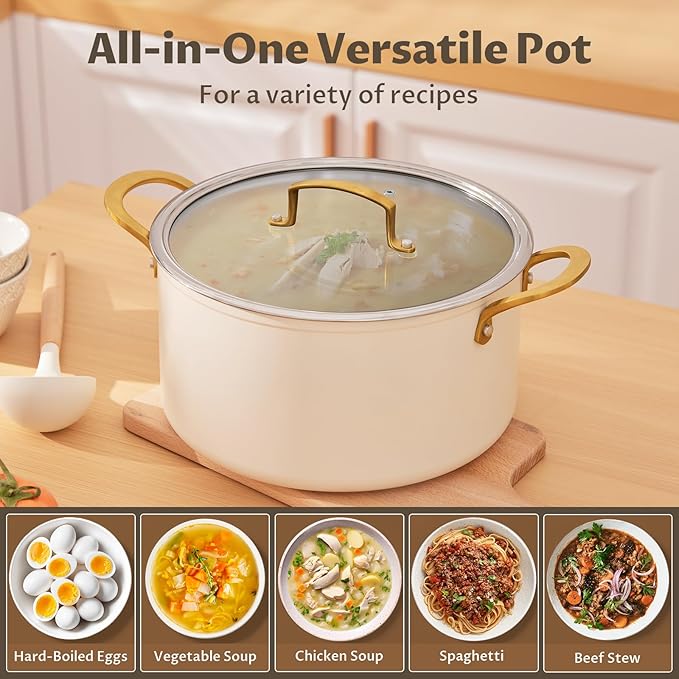 BEZIA Non Stick Stock Pot With Lid, 12 Quart Large Stockpot for Catering for Groups and Events, Induction Cooking Pot for All Stoves, Sturdy & Double Handle, Ideal for Soups & Stews, Cream