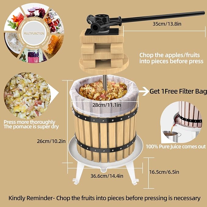 SQUEEZE master Fruit Press-3.17 Gallon/12L-Solid Wood Basket Wine Press-Vintage traditional juicer-6 Press Wooden Blocks-Pole Handle Bar for Juice,Wine,Cider-1 free filter bag included