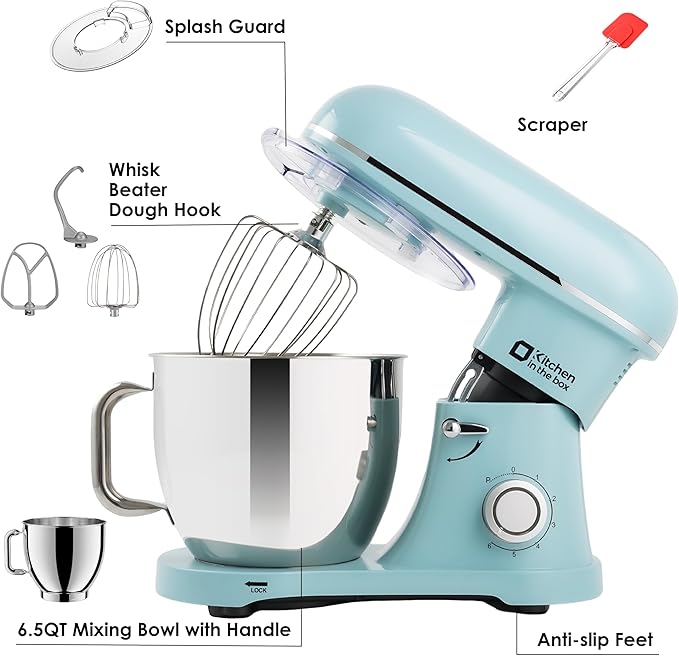 Kitchen in the box Stand Mixer - 900W Kitchen Mixer with Bowl 6.5 QT,Bread Dough Standing Mixers Tilt-head with Dough Hook, Whisk, Flat Beater and Splash Guard (Blue)