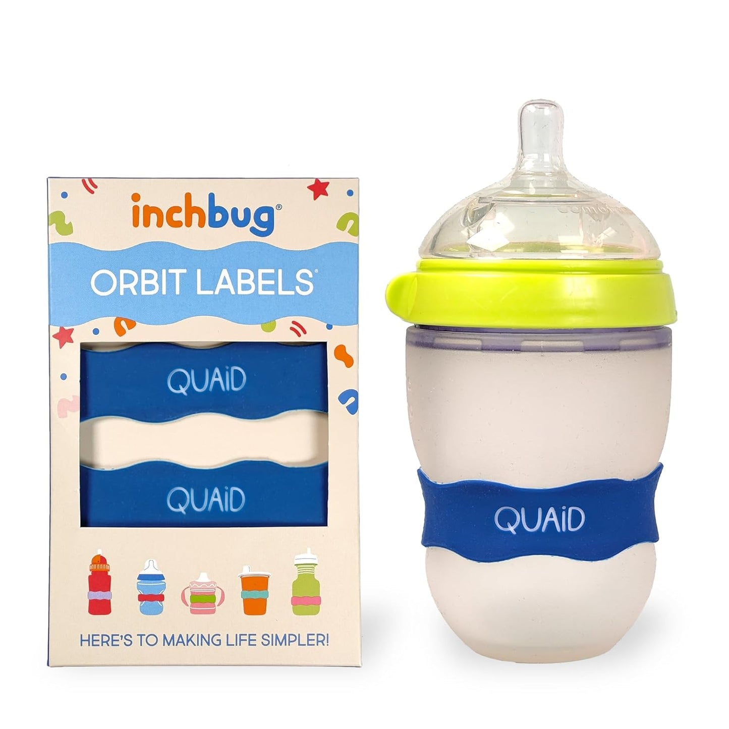 InchBug Orbit Labels - Baby Bottle Name Labels for Daycare, Sippy Cup Bands - Engraved Silicone, Reusable, Dishwasher Safe, White Contrasting Personalization, 4-Pack (Nautical Navy)