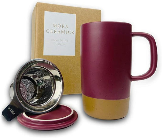 Mora Ceramics Large Tea Mug with Loose Leaf Infuser and Ceramic Lid, 18 oz, Portable, Microwave and Dishwasher Safe, Tall Coffee Cup - Rustic Matte Ceramic Glaze, Modern Herbal Tea Strainer, Merlot