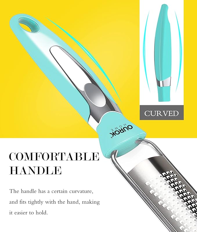 Ourokhome Kitchen Lemon Zester, Stainless Steel Hand Held Parmesan Cheese Grater for Ginger, Chocolate, Coconut, Lime, Nutmeg, Citrus, Fruit, Vegetable with Cleaning Brush, Dishwasher safe, Blue