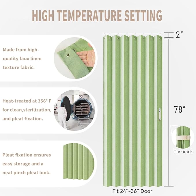 Vatge Closet Curtain for Open Closet - Green Door Curtains for Doorways Accordion Style Door Curtains for Doorway and Folding Closet Door Cover,1 Panel with Tieback, W39 x L78, Green