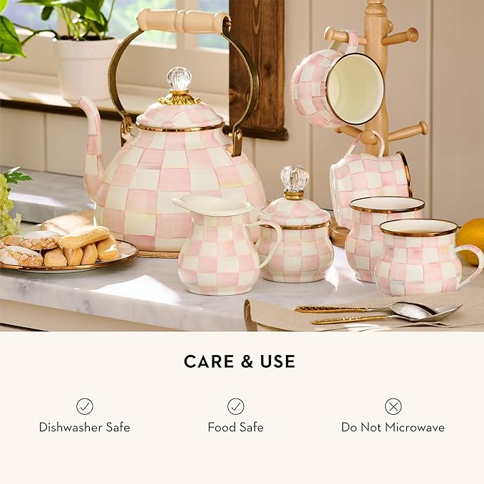 MACKENZIE-CHILDS Enamel Creamer, Creamer Dispenser with Pour Spout, Kitchen Enamelware, Pink-and-White Rosy Check