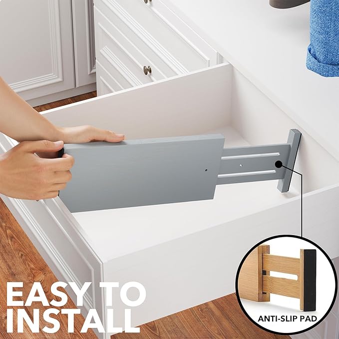 SpaceAid Bamboo Dresser Drawer Dividers 6 Pack, 4.65“ High Adjustable 12.5“-17” Drawer Organizers, Expandable Organization for Clothing, Clothes, Dressers, Gray