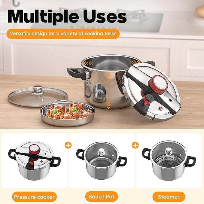 BreeRainz 8.45QT 304 Stainless Steel Pressure Cooker, 3-Stage PSI Settings, One-Hand Locking,Explosion-Proof Pot w/Extra Glass Lid, Timer, Steaming Rack(Induction Compatible)