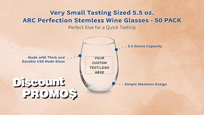 Custom Stemless Wine Glasses by ARC 5.5 oz. Set of 50, Personalized Bulk Pack - Perfect for Hotel, Bar, Restaurant or Lounge - Clear