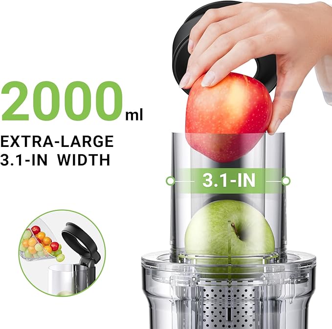 AMZCHEF Cold Press Juicer, 3.1" Juicer Machines with Large Feed Chute for Whole Fruits & Vegetables, Stainless Steel Juice Extractor with Large Auger, Dual Strainers, Easy Cleanup & Assembly