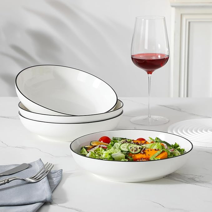 MALACASA 8.85" Large Pasta Bowls, 42 OZ White Salad Bowls Soup Bowls, Porcelain Serving Bowls Set of 4, Ivory White & Black Rim, Microwave & Dishwasher Safe, Series REGULAR