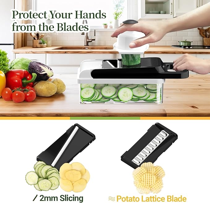 12-in-1 Vegetable Chopper, 7 Blades Veggie Chopper with Container and Lid, Dicer, Slicer, Multifunctional Kitchen Gadgets, Vegetable Cutter with Handle, Onion Cutter(Black/White)