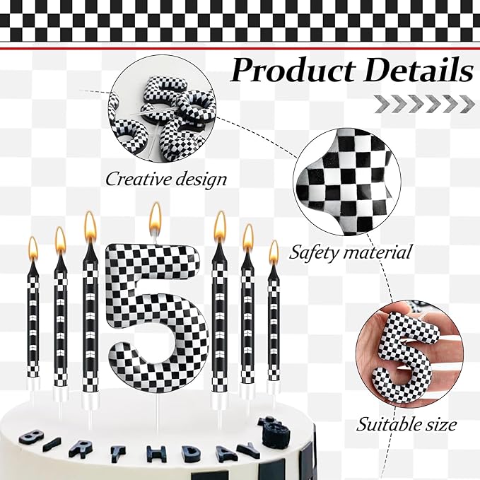 13 Pcs Racing Cars Themed Birthday Candles Black and White Race Number 5 Checkered Candle Cake Topper for Racing Car Party Decoration Supplies (Number 5)