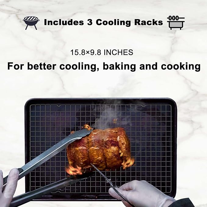 15.8”×9.8” Cooling Rack, 3P Stainless Steel Baking Rack, Oven Safe Cooling Racks for Cooking and Baking, Black Roasting Rack & Wire Rack & Cookie Cooling Rack for Roasting, Grilling, Drying