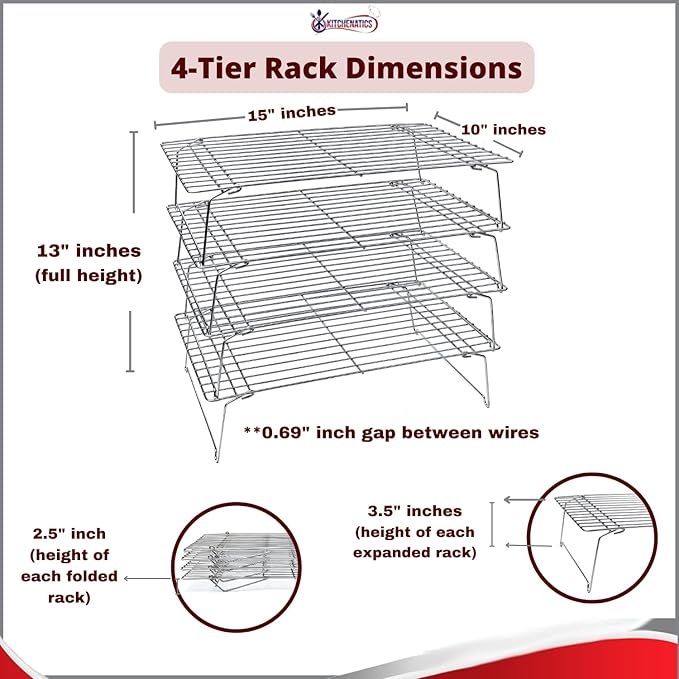 KITCHENATICS 4-Tier Stackable Cooling Racks for Baking, 100% Stainless Steel Wire Rack, Oven Safe Baking Rack, Oven Rack for Pizza, Cake, Bread, Cooling Rack for Cooking and Baking, Cookie Rack 15x10