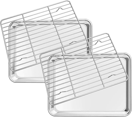 Deedro Baking Sheet with Rack Set [2 Sheets + 2 Racks], Stainless Steel Cookie Half Sheets Baking Pan Oven Tray with Cooling Rack, 9 x 7 x 1 Inch, Heavy Duty, Non-toxic, Easy Clean