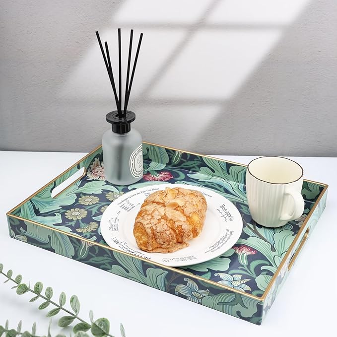Spsyrine Serving Tray with Handles, Plastic Decorative Tray for Coffee Table, Living Room, Home Decor, Leicester