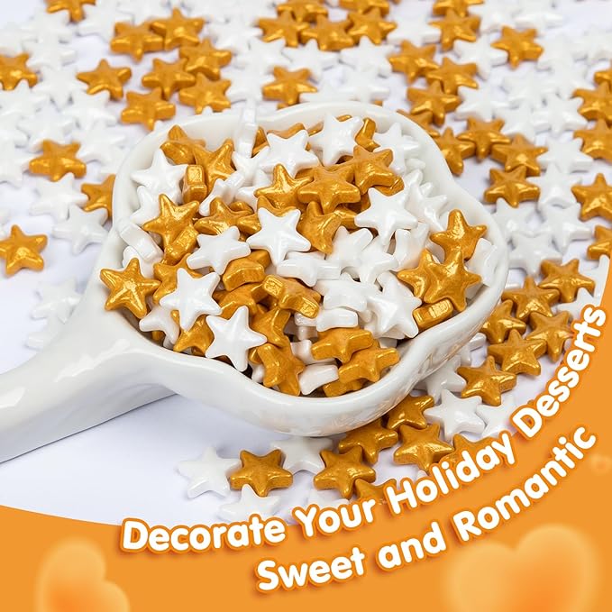 Edible Star Sugar Sprinkles, Gold and White Mix Size,Candy Star Sprinkle for Cake Decorations and Cupcake Toppers, Ice Cream, Wedding Party Valentines Christmas Supplies 130g/4.58ounce