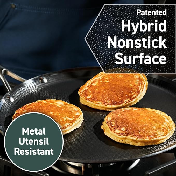 HexClad Hybrid Nonstick 12-Inch Griddle Pan, Stay-Cool Handle, Dishwasher-Friendly, Oven-Safe Up to 900°F, Induction Ready, Compatible with All Cooktops