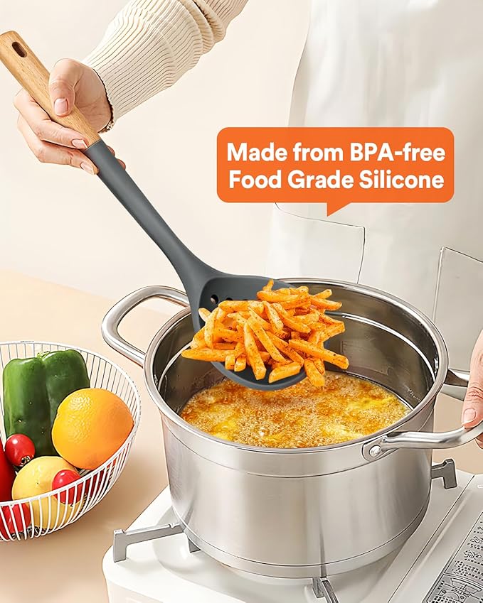 Kitchen Ladle Strainer, Large Slotted Spoon with High Heat Resistant BPA Free, Non Stick Cooking Skimmers For Draining & Frying, 13.2inch (Grey)