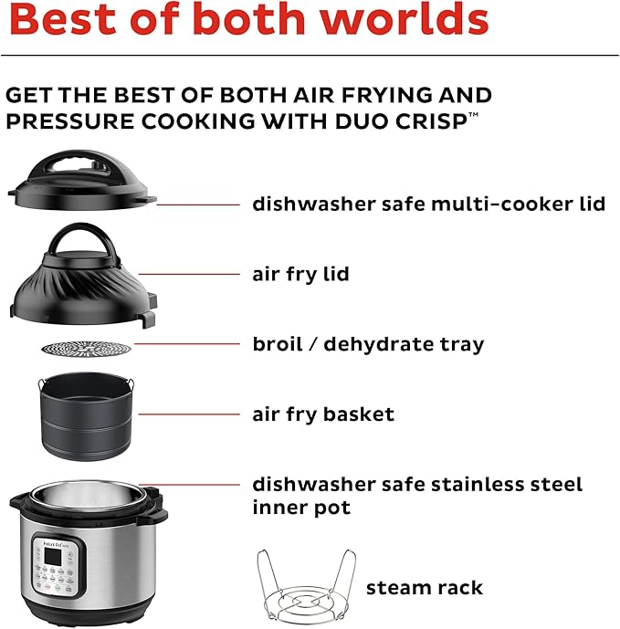 Instant Pot Duo Crisp 11-in-1 Air Fryer and Electric Pressure Cooker Combo with Multicooker Lids that Air Fries, Steams, Slow Cooks, Sautés, Dehydrates, & More, Free App With Over 800 Recipes, 6 Quart