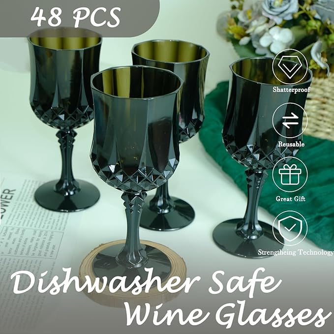 Plastic Wine Glasses，Plastic Goblets Vintage Style Cordial Drinking Glasses for Wedding Reception, Grand Event Party Supplies (48, Black)
