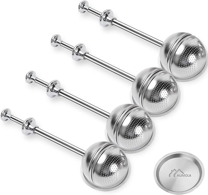 Numola Long Handle Tea Ball Stainless Steel with Drip Trays, 4Pcs Premium Tea Infuser Filter for Loose Leaf Tea, Reusable Fine Mesh Tea Interval Diffuser Strainer for Cup and Teapot