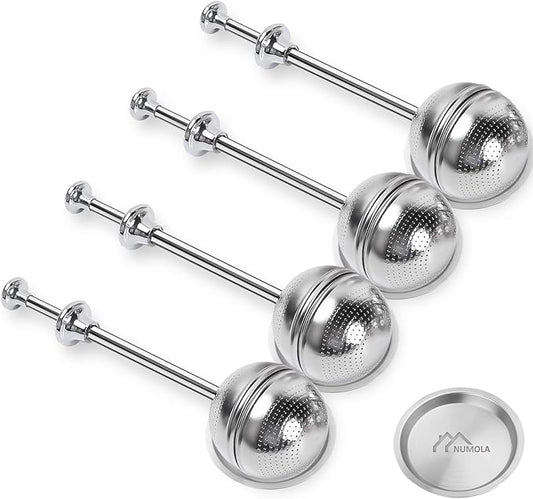 Numola Long Handle Tea Ball Stainless Steel with Drip Trays, 4Pcs Premium Tea Infuser Filter for Loose Leaf Tea, Reusable Fine Mesh Tea Interval Diffuser Strainer for Cup and Teapot