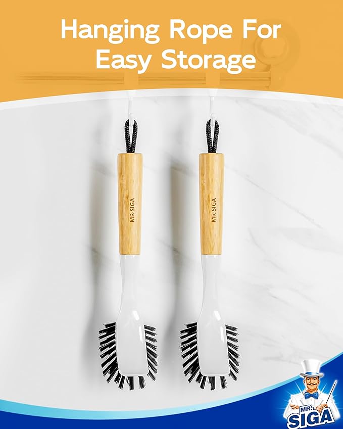 MR.SIGA Dish Brush with Handle, Dish Scrub Brush, Bamboo Dish Brush, Safe on Nonstick Pots, Pans, 2 Pack