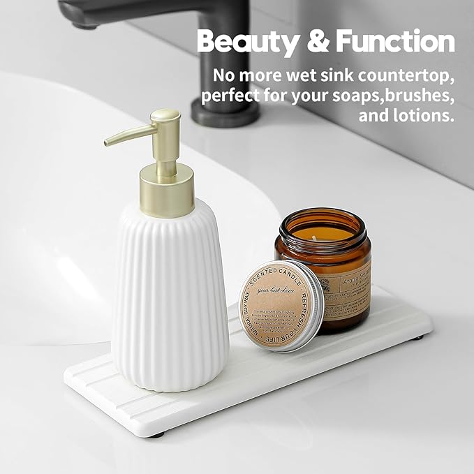 2PCS Diatomite Quick Stone Drying Tray Mat for Bathroom & Kitchen Counter, Instant Dry Water Absorbent Drink Bar Coaster,Vanity Sink Caddy Organizer,Dish Soap Sponge Holder, White,9"x3.5"