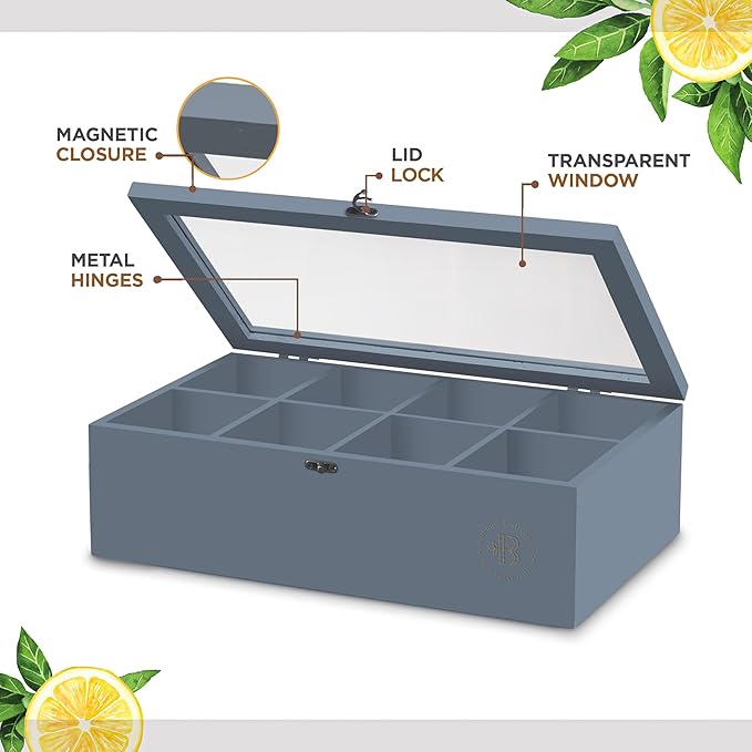 Bambsi Tea Bag Organizer - Bamboo Tea Box Organizer Storage Box, Tea Bag Holder with Acrylic Window, Magnetic Lid Keeps Tea Bags Fresh - Tea Organizer Caddy (Tea Not Included) Christmas Gift - Grey