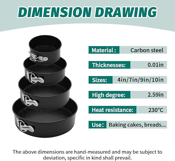 SHIKORI Cake Pan Set for Baking, Non-Stick Springform Pans Set of 4 (4, 7, 9 10 inch), Round Cheesecake Pan, Leak-Proof Cake Pans with Removable Bottom-Black 4 Pcs