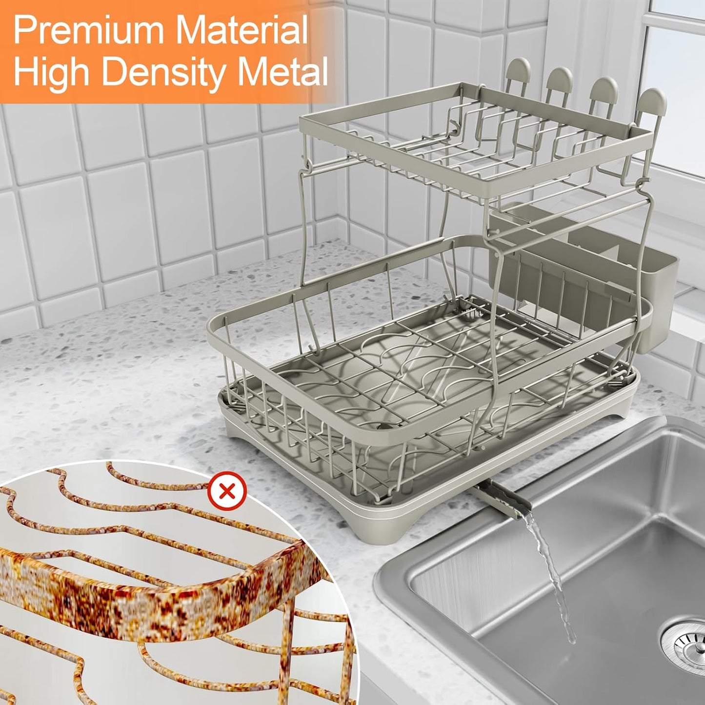 Dish Drying Rack for Kitchen Counter,Two-Tier Dish Rack with Utensil Holder, Auto-Draining Dish Racks, Large Capacity Dish Drainer Organizer for Plates, Bowls, Cups with Drainboard Grey