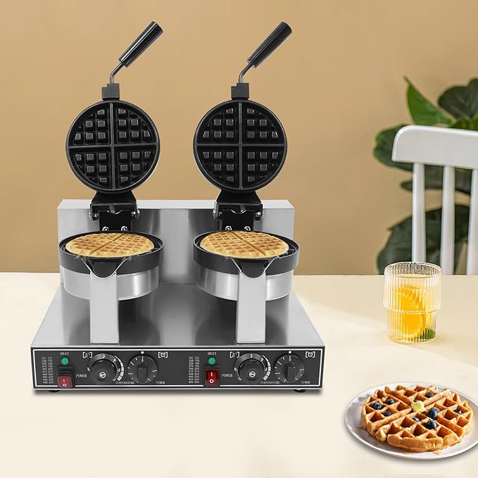 Commercial Waffle Maker,Double Head Waffle Maker Machine,2400W Non-Stick Stainless Steel Belgian Waffle Iron with Temp and Time Control for Restaurant