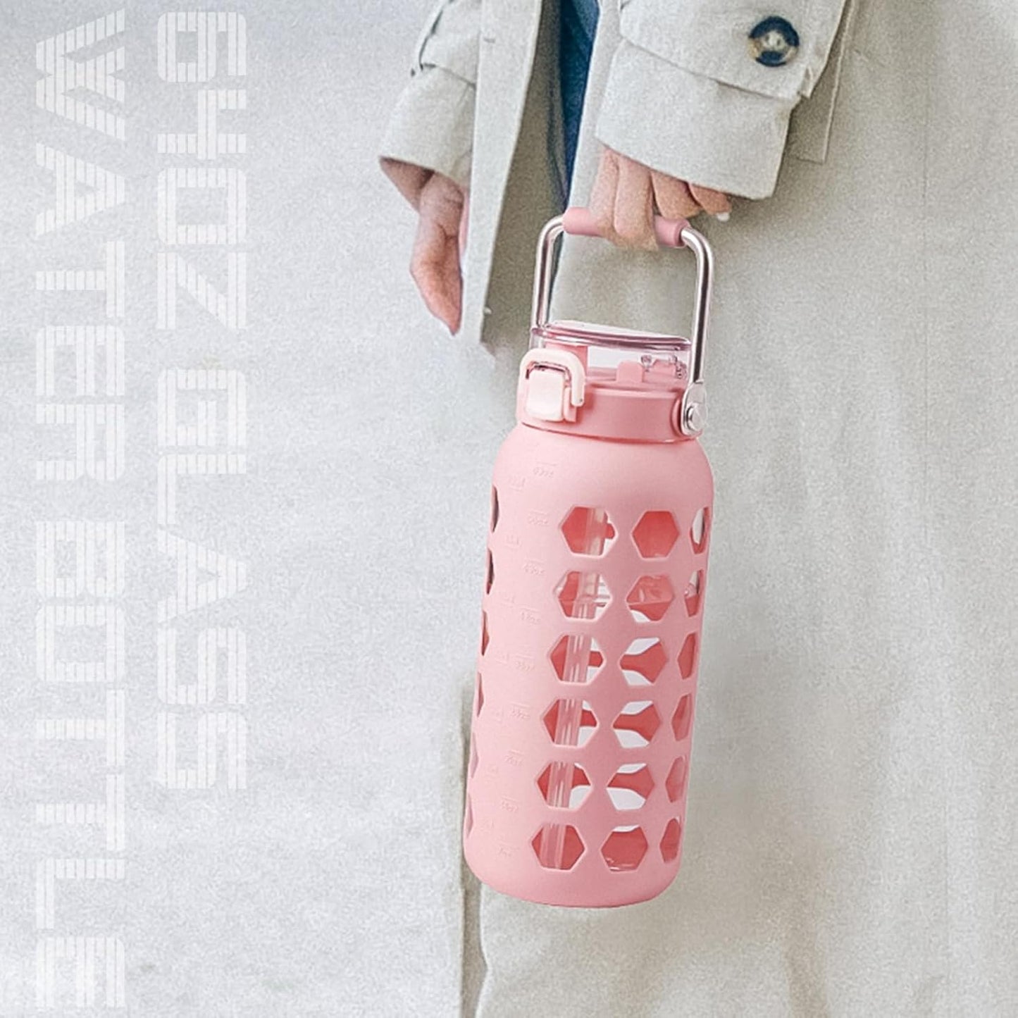 MUKOKO 64oz Glass Water Bottles with Straw and Lid,Half Gallon Water Bottle with Time Marker,Large Glass Water Jug with Silicone Sleeve and Stainless Steel Handle-Pink