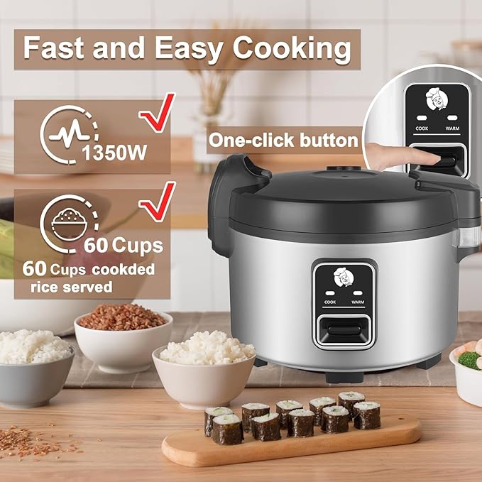 13L Commercial Rice Cooker & rice warmer 60 CUPS Cooked Rice(30-CUPS RAW RICE)| 1350W Fast cooking | Auto turn warming | Large Capacity Rice Cooker for Restaurant (Black)