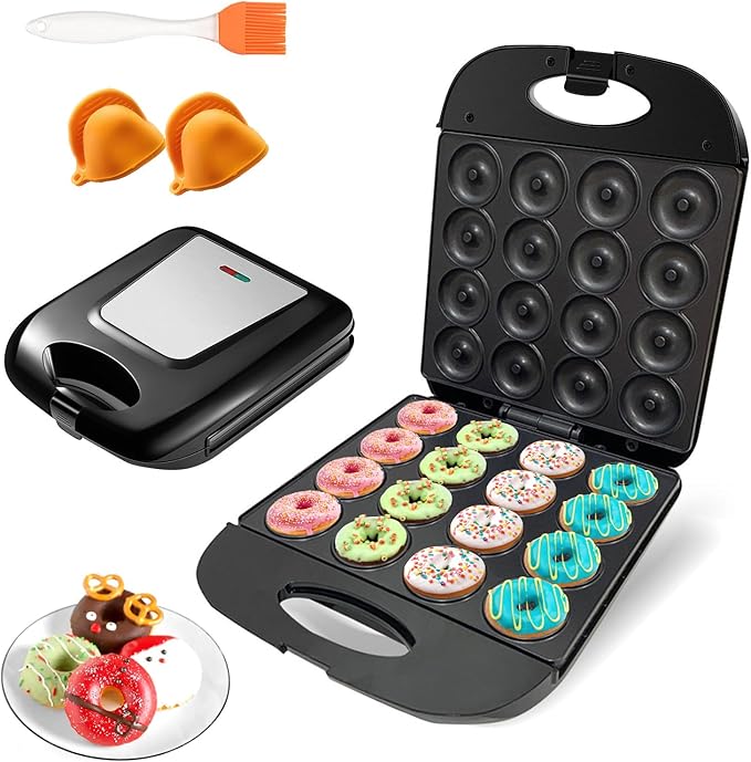 2025 Mini Donut Maker Machine for Home, Kid-Friendly 16-Hole Electric Doughnut and Pancake Maker with Non-Stick Surface, Ideal for Homemade Doughnuts (Black with Mini Oven Gloves & Brush)