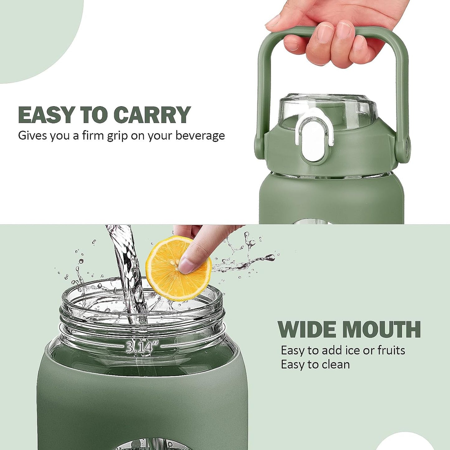 kytffu 56oz Glass Water Bottles with Straw, Motivational Glass Bottle with Silicone Sleeve and Time Marker, Leakproof Large Glass Water Jug for Gym Home Office,Olive