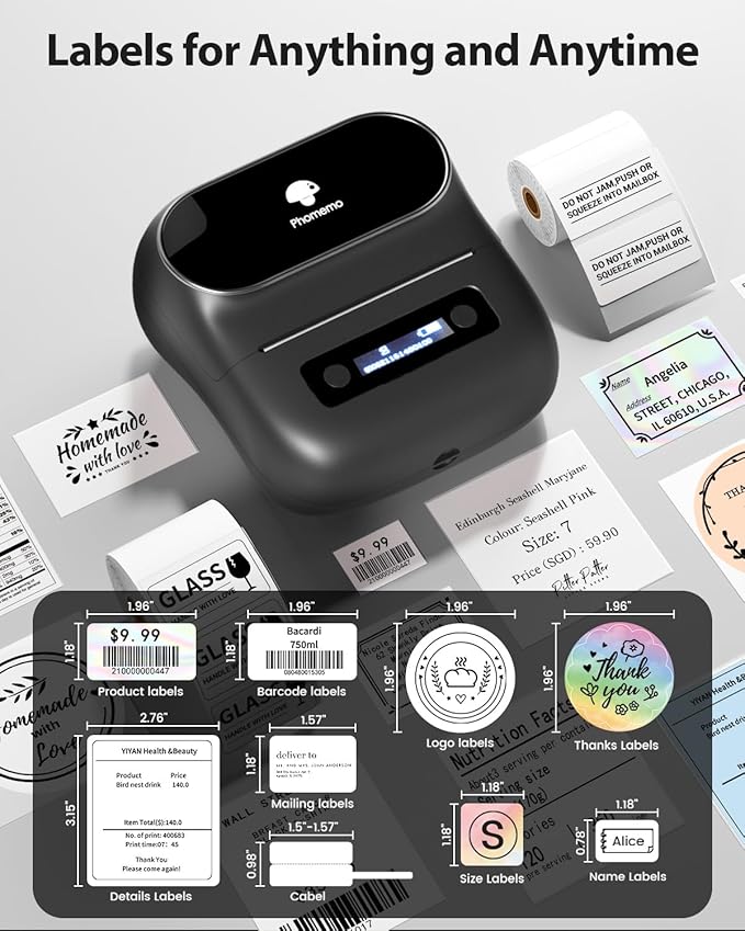 Phomemo Label Maker,M220 Label Printer,3 Inch Bluetooth Thermal Label Maker Machine with 6000+ Icons,700+ Templates,400+ Fonts,for Kids School Items,Small Business,Large Sticker