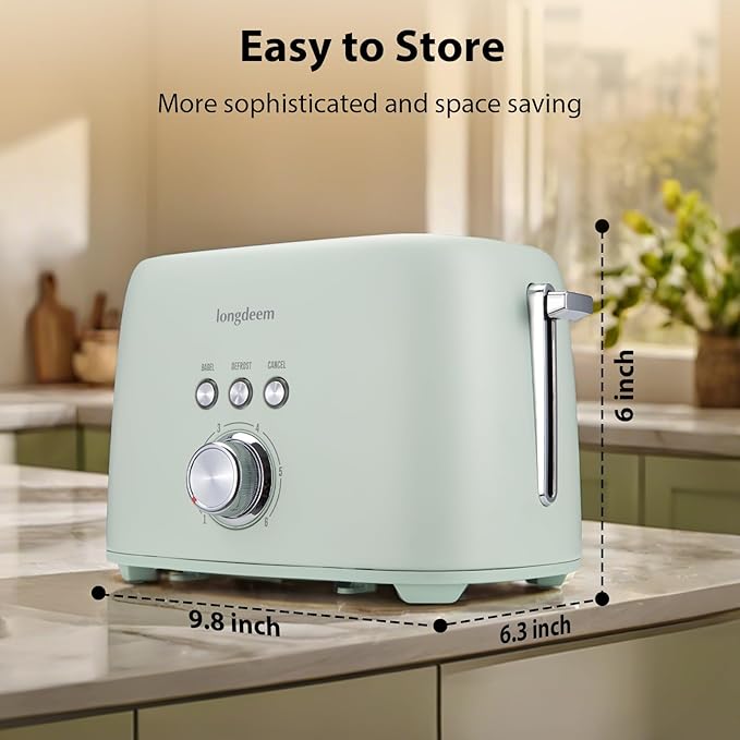 2-Slice Toaster 1.5" Extra Wide Slot Stainless Steel with High Lift Lever, 6 Presets & Bagel/Defrost/Cancel Function, Removal Crumb Tray, Under Base Cord Storage, Green