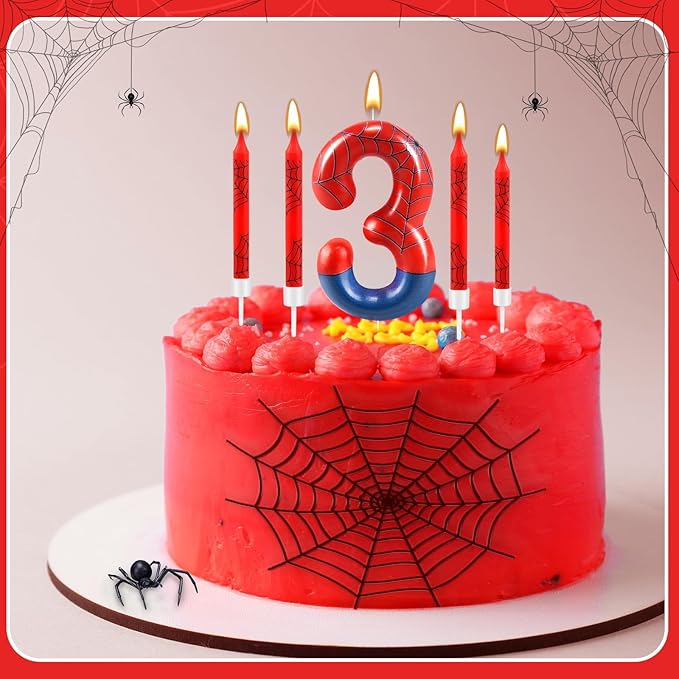 13 Pcs Spider Themed Birthday Candle Set Red Spider Theme Number 3 Candle Cake Topper for Boys Girls Birthday Decoration Spider Party Decoration Supplies (Number 3)