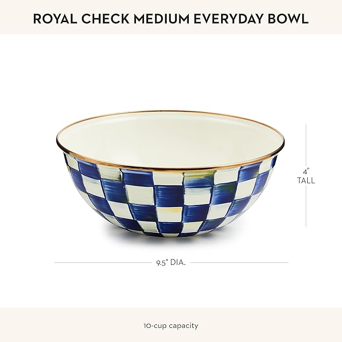 MACKENZIE-CHILDS Enamel Everyday Bowl, Serving Bowl for Entertaining, Medium, Blue-and-White Royal Check, Set of 1