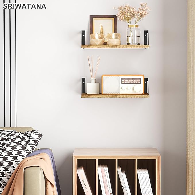 SRIWATANA Floating Shelves Wall Mounted Set of 2 Rustic Wood Shelves with Large Capacity(Carbonized Black)