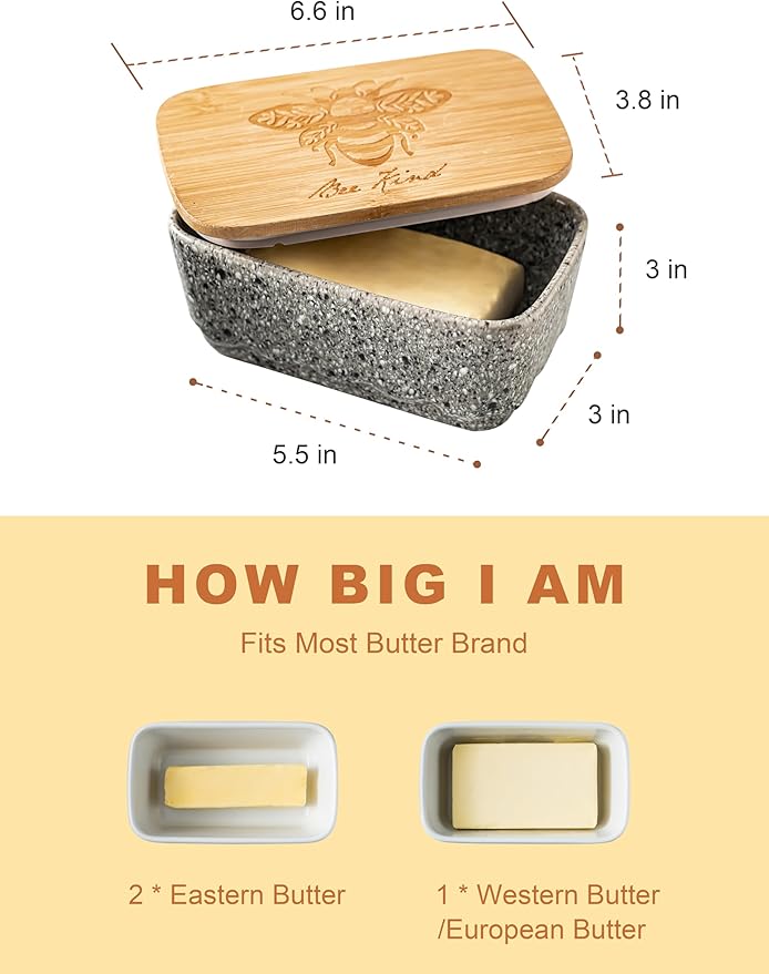 Ceramic Butter Dish with Lid, Covered Butter Dish for Countertop and Refrigerator, Large Butter Keeper Holder with Airtight Seal, HoneyBee Kitchen Decor, Gray