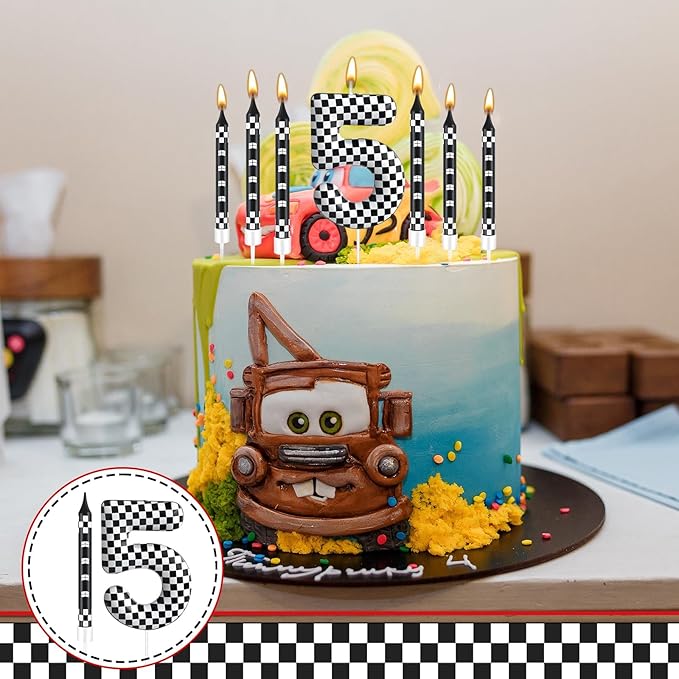 13 Pcs Racing Cars Themed Birthday Candles Black and White Race Number 5 Checkered Candle Cake Topper for Racing Car Party Decoration Supplies (Number 5)